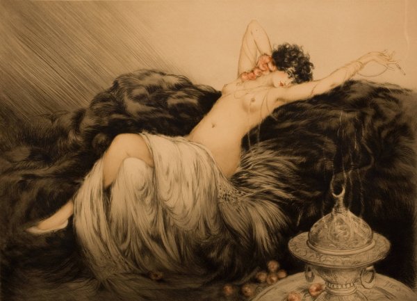 Nude with Black Fur by Louis Icart - Hand-Painted Oil Painting Reproduction