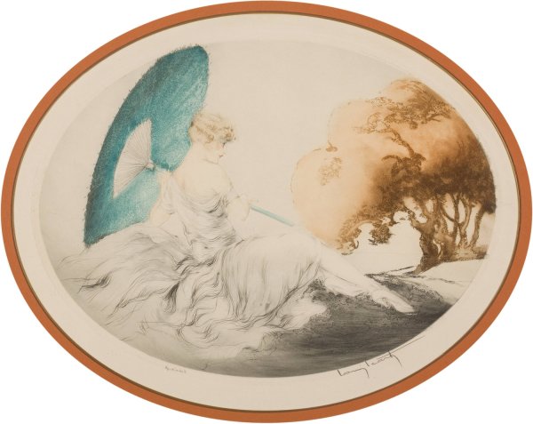 Main Product Photo of Woman Reclining with Parasol Painting by Louis Icart