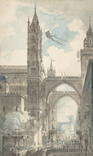 View of the Portal and Principal Entrance of the Cathedral of Palermo during the Festival of Sta. Rosalia by Louis Jean Desprez Oil Painting