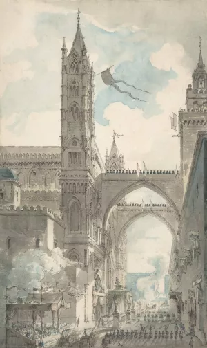 View of the Portal and Principal Entrance of the Cathedral of Palermo during the Festival of Sta. Rosalia by Louis Jean Desprez Oil Painting
