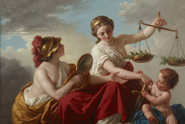 Justice Disarmed by Innocence and Applauded by Prudence  by Louis-Jean-Francois Lagrenee - Hand-Painted Oil Painting Reproduction