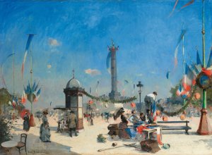 Preperation For 14 Juillet Celebrations, Place De La Bastille, Paris by Louis-Jules Dumoulin Oil Painting