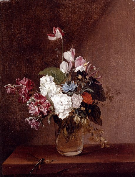 Main Product Photo of Still Life with Garden Flowers in a Glass Vase and a Dragonfly Painting by Louis Leopold Boilly