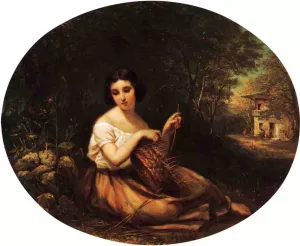 Weaving a Basket by Louis Lang - Oil Painting Reproduction