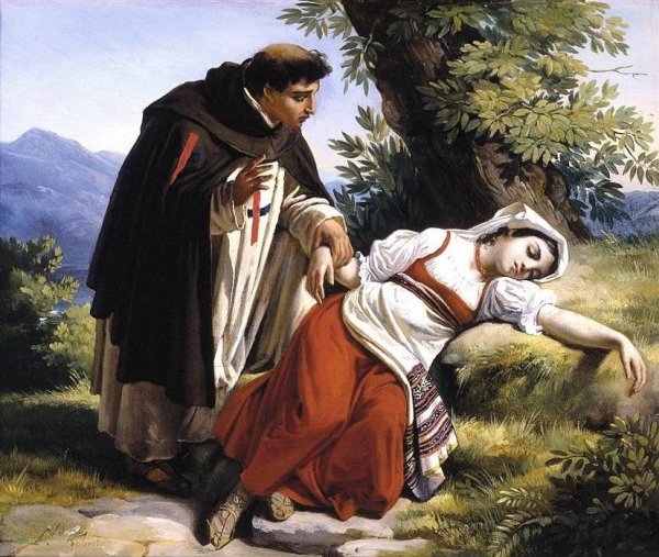 Main Product Photo of Young Monk Waking a Roman Peasant Girl Painting by Louis-Leopold Robert