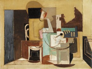 Personnage Assis a Une Table Ronde by Louis Marcoussis Oil Painting