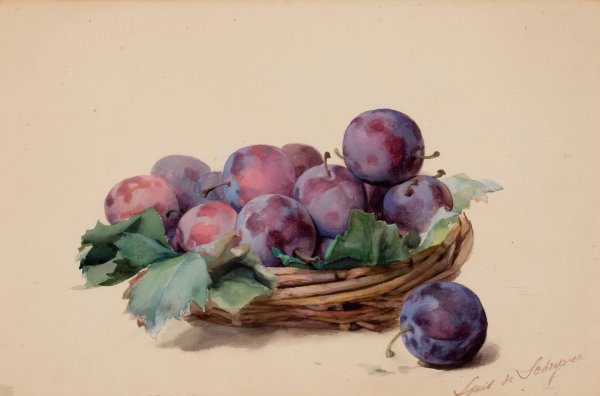Basket of Plums by Louis Marie De Schryver - Hand-Painted Oil Painting Reproduction