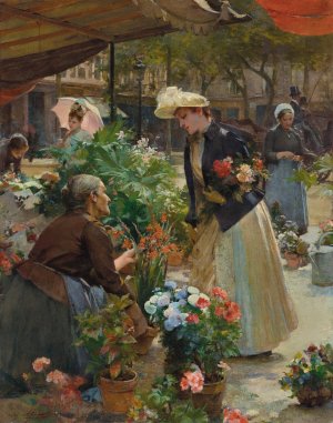 Paris - The Flower Market on the ile de la Cite by Louis Marie De Schryver Oil Painting