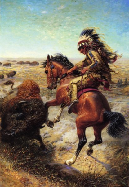 Chief Spotted Tail Shooting Buffalo by Louis Maurer - Hand-Painted Oil Painting Reproduction