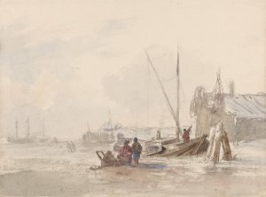 Strandgezicht met vissers bij een boot op de voorgrond by Louis Meijer Oil Painting