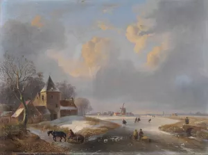 Winter Landscape with Ice Skaters Oil painting by Louis Pierre Verwee