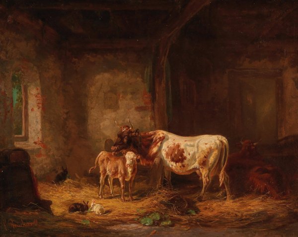 Cows and Rabbits in the Barn by Louis Reinhardt - Hand-Painted Oil Painting Reproduction