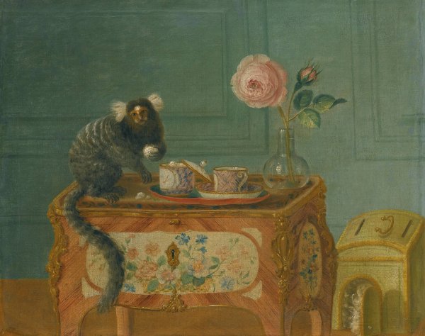 Main Product Photo of A Marmoset Taking Sweets On A Painted Commode Painting by Louis Tessier