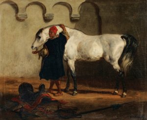 Horse In The Stable by Louis-Theodore Devilly Oil Painting