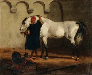 Horse In The Stable by Louis-Theodore Devilly Oil Painting
