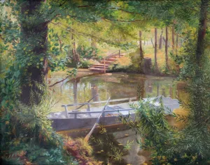 Ruderboot am Flussufer by Louis Uhl Oil Painting