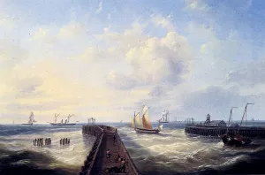 Fishing Boats Off A Jetty At Ostend by Louis Verboeckhoven Oil Painting