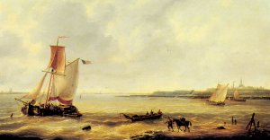Fishing off a Jetty with a Village Beyond by Louis Verboeckhoven Oil Painting