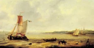 Fishing off a Jetty with a Village Beyond by Louis Verboeckhoven - Oil Painting Reproduction