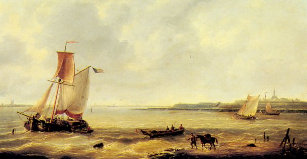 Main Product Photo of Fishing off a Jetty with a Village Beyond Painting by Louis Verboeckhoven