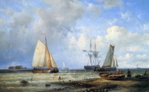 Fishing Vessels by the Shore by Louis Verboeckhoven Oil Painting