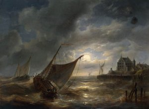 Harbour by Night by Louis Verboeckhoven Oil Painting