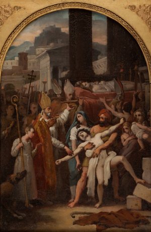 Guerison d'un possede lors de la translation des corps de saint Gervais et de saint Protais  by Louis-Vincent-Leon Palliere Oil Painting