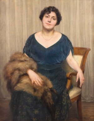 Dame in blauem Kleid und Fuchsfell by Louis Weissenbacher Oil Painting