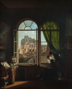 Interieur d'artiste, avec vue sur la facade de l'eglise de Saint-Eustache Oil painting by Louise Adeone Drolling