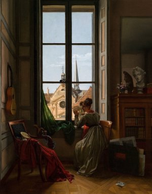 Interior with Young Woman Tracing a Flower by Louise Adeone Drolling Oil Painting