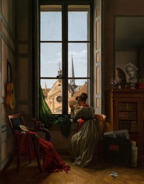 Interior with Young Woman Tracing a Flower  by Louise Adeone Drolling - Hand-Painted Oil Painting Reproduction