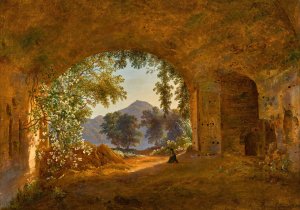 A Grotto with Castel Gandolfo Beyond by Louise-Josephine Sarazin De Belmont Oil Painting