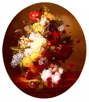 A Still Life With A Bouquet Of Flowers On A Marble Table