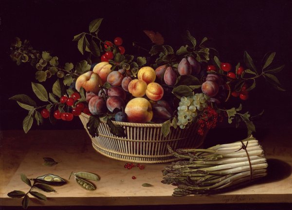 Main Product Photo of Still Life with a Basket of Fruit and a Bunch of Asparagus  Painting by Louise Moillon