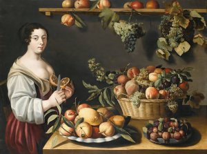 Still life with fruits and a young woman by Louise Moillon Oil Painting