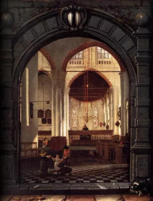 Interior of the Oude Kerk, Delft, Seen through a Stone Archway by Louys Aernoutsz Elsevier Oil Painting