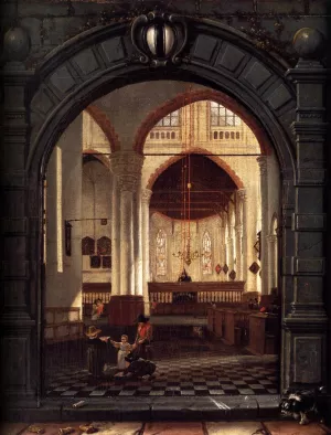 Interior of the Oude Kerk, Delft, Seen through a Stone Archway Oil painting by Louys Aernoutsz Elsevier