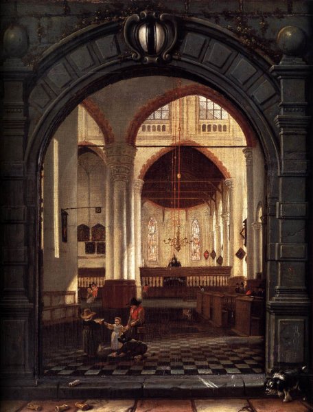 Interior of the Oude Kerk, Delft, Seen through a Stone Archway by Louys Aernoutsz Elsevier - Hand-Painted Oil Painting Reproduction
