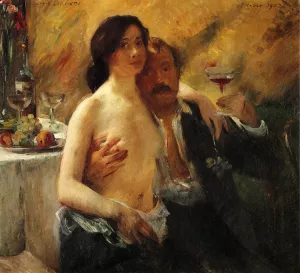 Self Portrait with Charlotte Berend and a Glass of Champagne painting by Lovis Corinth