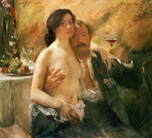 Self portrait with his wife Charlotte Berend-Corinth and a sekt glass by Lovis Corinth Oil Painting