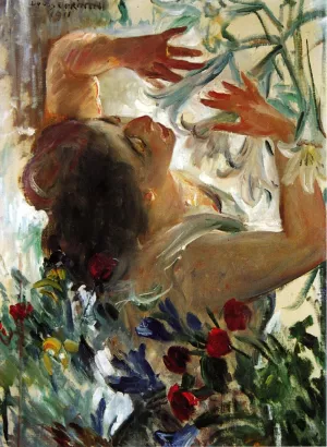 Woman with Lilies in a Greenhouse painting by Lovis Corinth