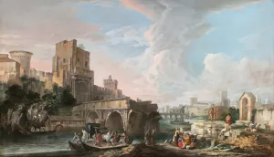River Landscape With A Capriccio View Of The Ponte Rotto, Rome by Luca Carlevarijs Oil Painting