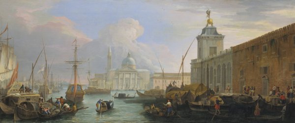 The Bacino, Venice, with the Dogana and a Distant View of the Isola di San Giorgio  by Luca Carlevarijs - Hand-Painted Oil Painting Reproduction