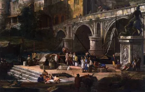 View of a River Port by Luca Carlevaris - Oil Painting Reproduction