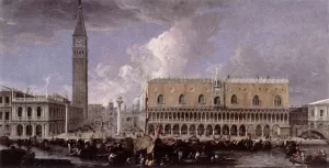 View of the Wharf from the Bacino di San Marco by Luca Carlevaris Oil Painting