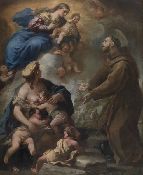 The Virgin and Child Appearing to Saint Francis of Assisi  by Luca Giordano - Hand-Painted Oil Painting Reproduction