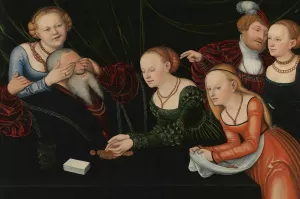 Old Man Beguiled By Courtesans by Lucas Cranach The Elder Oil Painting