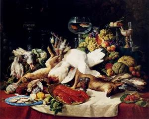 A Still Life With Fruit, Fish, Game And A Goldfish Bowl by Lucas Schaefels Oil Painting