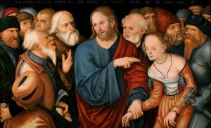Christ and the Woman Taken in Adultery by Lucas Cranach The Younger Oil Painting