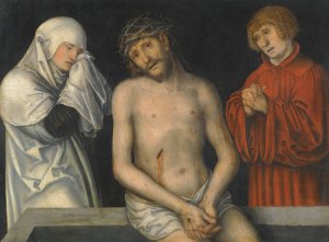 Christ As Man Of Sorrows Together With The Virgin And Saint John by Lucas Cranach The Younger Oil Painting